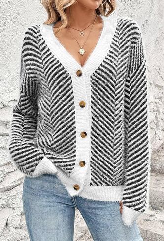 Pink Queen Women's Fuzzy Sweater Cardigans 2024 Long Sleeve Button Down Open Front Stripe Color Block Knit Cardigan Outerwear in Kuwait