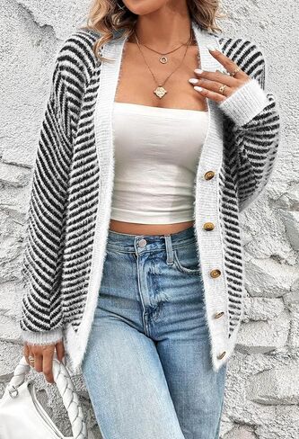 Pink Queen Women's Fuzzy Sweater Cardigans 2024 Long Sleeve Button Down Open Front Stripe Color Block Knit Cardigan Outerwear in Kuwait