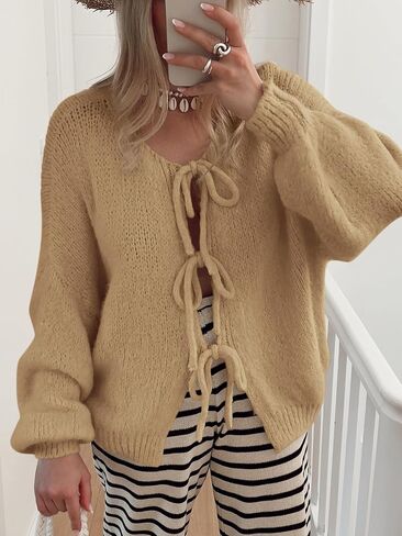 MASCOMODA 2024 Bow Tie Front Cardigan Sweaters for Women Fall Winter Oversized Long Sleeve Open Front Chunky Sweater Coats in Saudi Arabia