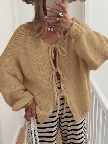 MASCOMODA 2024 Bow Tie Front Cardigan Sweaters for Women Fall Winter Oversized Long Sleeve Open Front Chunky Sweater Coats in Saudi Arabia