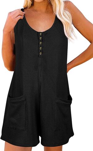 Womens Rompers for Summer, Casual Short Jumpsuits Waffle Button Down Sleeveless Tank Rompers with Pockets in Saudi Arabia