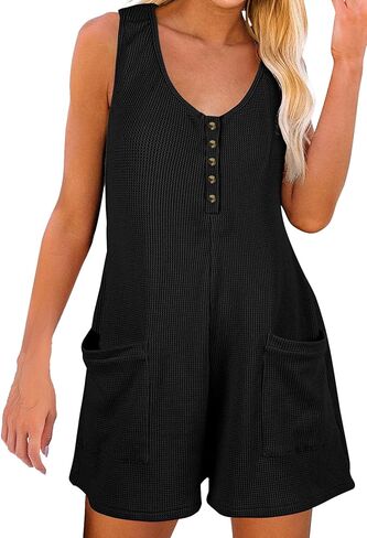 Womens Rompers for Summer, Casual Short Jumpsuits Waffle Button Down Sleeveless Tank Rompers with Pockets in Saudi Arabia