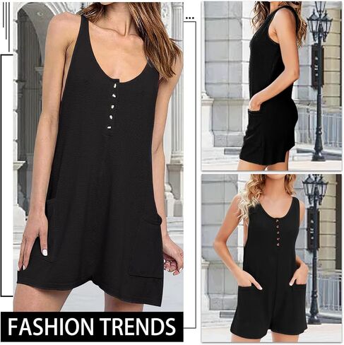 Womens Rompers for Summer, Casual Short Jumpsuits Waffle Button Down Sleeveless Tank Rompers with Pockets in Saudi Arabia