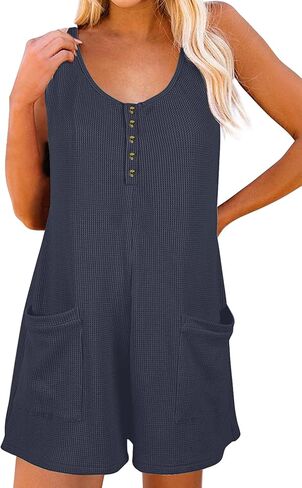Womens Rompers for Summer, Casual Short Jumpsuits Waffle Button Down Sleeveless Tank Rompers with Pockets in Saudi Arabia