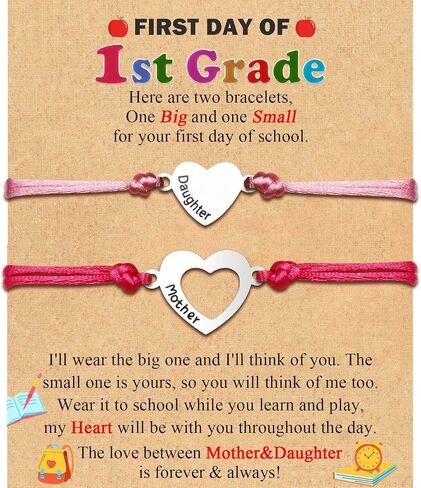 Back to School/First Day of School Bracelet Gifts, First Day of Kindergarten Preschool First/Second Grade Bracelet Gifts, Set of 2 Matching Mother and Daughter Heart Bracelets for Mom and Daughter in Kuwait