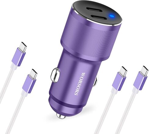 Dual USB C Car Charger, 60W PD (30W + 30W) Super Fast Charging Adapter Metal Compatible for Samsung Galaxy S22 Ultra/Plus/S21 Fe, Note 20/10, Google Pixel 6 Pro/6, iPad + 2X Type C to C Cable 3.3Ft in Kuwait