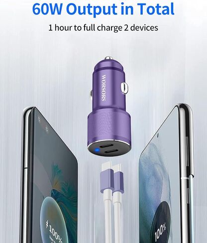 Dual USB C Car Charger, 60W PD (30W + 30W) Super Fast Charging Adapter Metal Compatible for Samsung Galaxy S22 Ultra/Plus/S21 Fe, Note 20/10, Google Pixel 6 Pro/6, iPad + 2X Type C to C Cable 3.3Ft in Kuwait