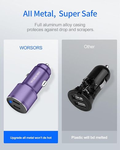 Dual USB C Car Charger, 60W PD (30W + 30W) Super Fast Charging Adapter Metal Compatible for Samsung Galaxy S22 Ultra/Plus/S21 Fe, Note 20/10, Google Pixel 6 Pro/6, iPad + 2X Type C to C Cable 3.3Ft in Kuwait