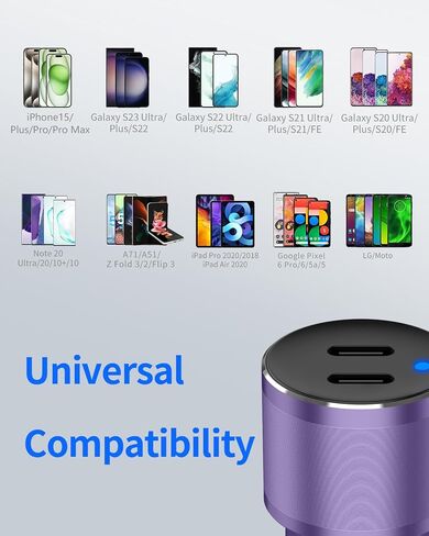 Dual USB C Car Charger, 60W PD (30W + 30W) Super Fast Charging Adapter Metal Compatible for Samsung Galaxy S22 Ultra/Plus/S21 Fe, Note 20/10, Google Pixel 6 Pro/6, iPad + 2X Type C to C Cable 3.3Ft in Kuwait