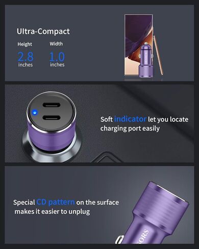 Dual USB C Car Charger, 60W PD (30W + 30W) Super Fast Charging Adapter Metal Compatible for Samsung Galaxy S22 Ultra/Plus/S21 Fe, Note 20/10, Google Pixel 6 Pro/6, iPad + 2X Type C to C Cable 3.3Ft in Kuwait