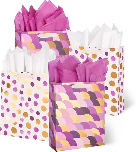 PAPER FAIR Metallic Gold Foil Gift Bags Bulk with White Tissue, 12 Pcs with 4 Unique Patterns: Stars, Polka Dots, Diamonds & Stripes, Large Size 12.5X10X4 inch, Ideal for Christmas Birthday Gift Wrap in Saudi Arabia