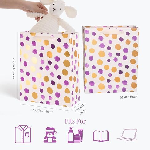PAPER FAIR Metallic Gold Foil Gift Bags Bulk with White Tissue, 12 Pcs with 4 Unique Patterns: Stars, Polka Dots, Diamonds & Stripes, Large Size 12.5X10X4 inch, Ideal for Christmas Birthday Gift Wrap in Saudi Arabia