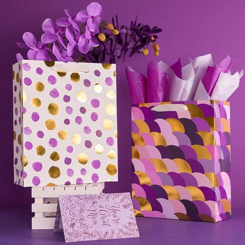 PAPER FAIR Metallic Gold Foil Gift Bags Bulk with White Tissue, 12 Pcs with 4 Unique Patterns: Stars, Polka Dots, Diamonds & Stripes, Large Size 12.5X10X4 inch, Ideal for Christmas Birthday Gift Wrap in Saudi Arabia
