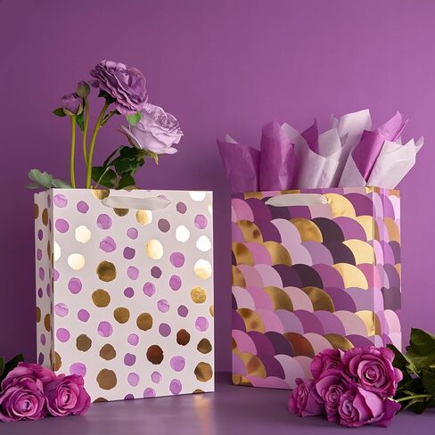 PAPER FAIR Metallic Gold Foil Gift Bags Bulk with White Tissue, 12 Pcs with 4 Unique Patterns: Stars, Polka Dots, Diamonds & Stripes, Large Size 12.5X10X4 inch, Ideal for Christmas Birthday Gift Wrap in Saudi Arabia