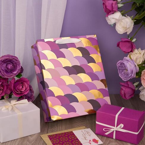 PAPER FAIR Metallic Gold Foil Gift Bags Bulk with White Tissue, 12 Pcs with 4 Unique Patterns: Stars, Polka Dots, Diamonds & Stripes, Large Size 12.5X10X4 inch, Ideal for Christmas Birthday Gift Wrap in Saudi Arabia
