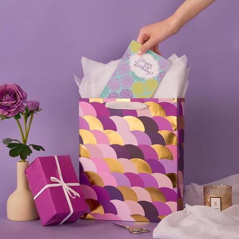 PAPER FAIR Metallic Gold Foil Gift Bags Bulk with White Tissue, 12 Pcs with 4 Unique Patterns: Stars, Polka Dots, Diamonds & Stripes, Large Size 12.5X10X4 inch, Ideal for Christmas Birthday Gift Wrap in Saudi Arabia