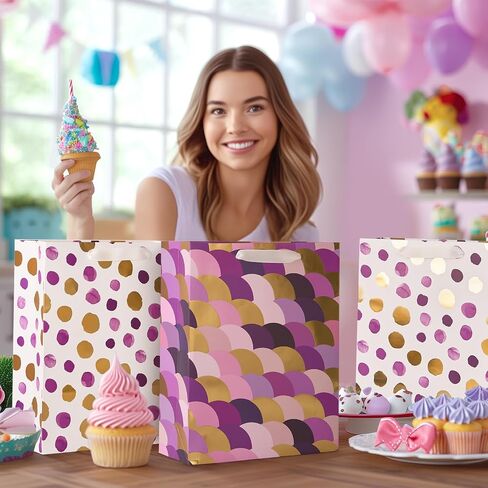 PAPER FAIR Metallic Gold Foil Gift Bags Bulk with White Tissue, 12 Pcs with 4 Unique Patterns: Stars, Polka Dots, Diamonds & Stripes, Large Size 12.5X10X4 inch, Ideal for Christmas Birthday Gift Wrap in Saudi Arabia
