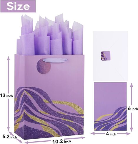 مجموعة حقائب هدايا أرجوانية كبيرة مقاس 13 بوصة من Qirrmiy مع بطاقة تهنئة وورق مناديل (تصميم خطوط ذهبية لامعة) للاحتفال بأعياد الميلاد وحفلات الزفاف والذكرى السنوية وعيد الأم - 10.2 بوصة × 5.2 بوصة × 13 بوصة، قطعة واحدة. in Kuwait