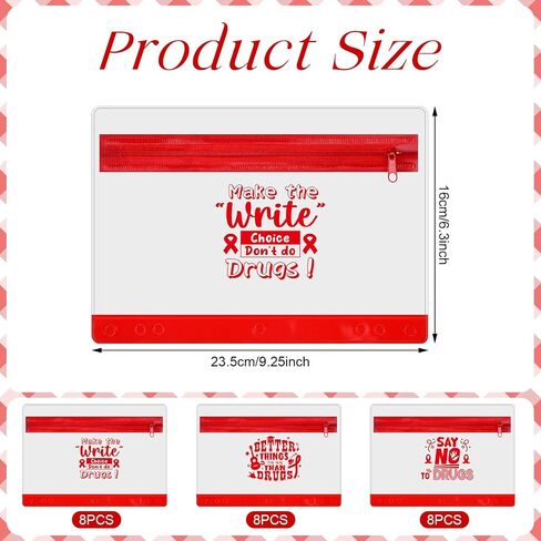 24 Pcs Live Drug Free 3 Ring Pencil Pouch Red Ribbon Week Pencil Pouch for 3 Ring Binder Red Pencil Cases with Zipper for Red Ribbon Awareness Office School Supplies, 9.3 x 6.3 in in Saudi Arabia