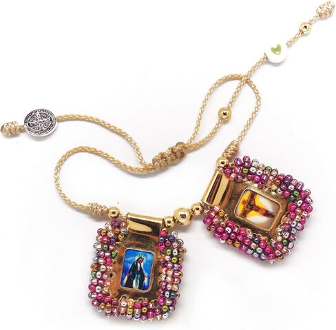 Scapular Bracelet Embroidered Handmade Sacred Heart of Jesus, Holy Virgin, Virgin Guadalupe & St. Michael Archangel Gold Frame Rainbow Beads 2,5x3cm by Zaraleas in Saudi Arabia