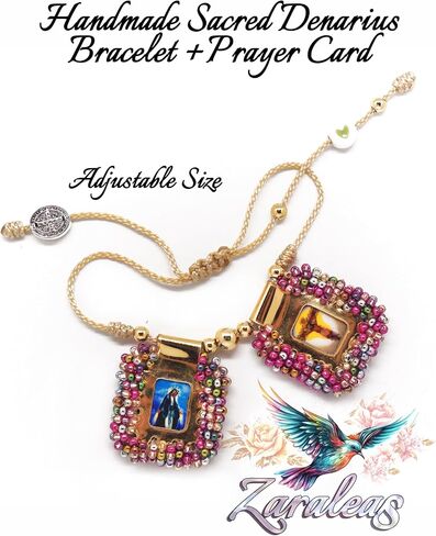 Scapular Bracelet Embroidered Handmade Sacred Heart of Jesus, Holy Virgin, Virgin Guadalupe & St. Michael Archangel Gold Frame Rainbow Beads 2,5x3cm by Zaraleas in Saudi Arabia