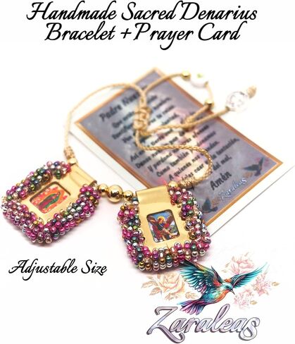 Scapular Bracelet Embroidered Handmade Sacred Heart of Jesus, Holy Virgin, Virgin Guadalupe & St. Michael Archangel Gold Frame Rainbow Beads 2,5x3cm by Zaraleas in Saudi Arabia