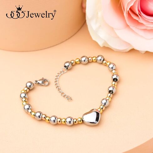 555Jewelry Stainless Steel Beads & Puffed Heart Charm Bracelet for Women & Ladies in Kuwait