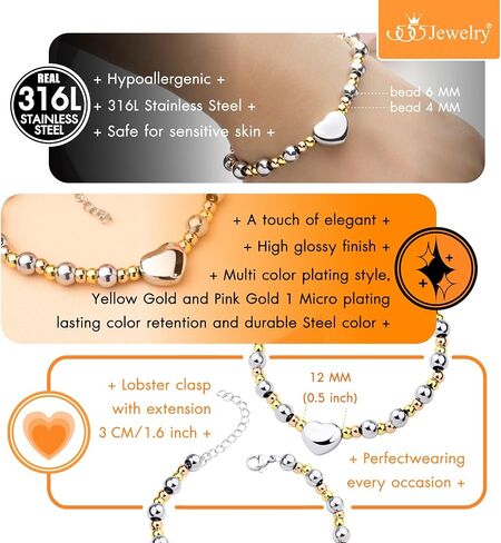 555Jewelry Stainless Steel Beads & Puffed Heart Charm Bracelet for Women & Ladies in Kuwait