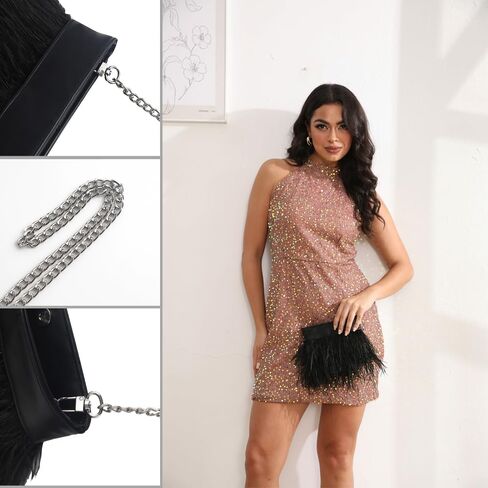 Women Natural Fluffy Ostrich Feather Evening Clutch Purse Shoulder Crossbody Bag in Saudi Arabia