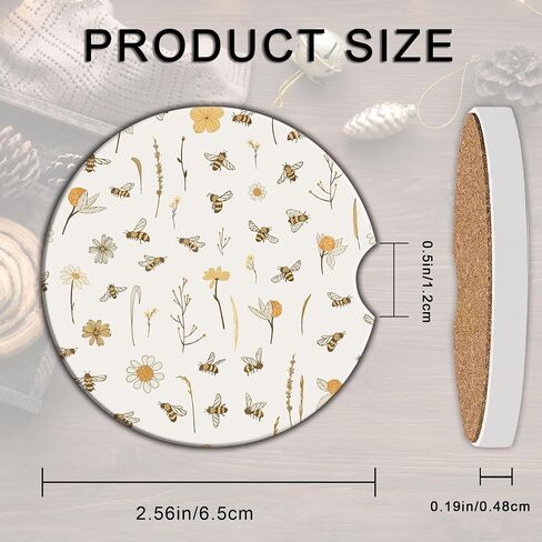 Bees Boho Florals Car Coasters, Car Coasters for Cup Holders, 2PCS Universal Anti Slip Car Accessories, 2.56in Cute Car Coasters with A Finger Notch in Saudi Arabia