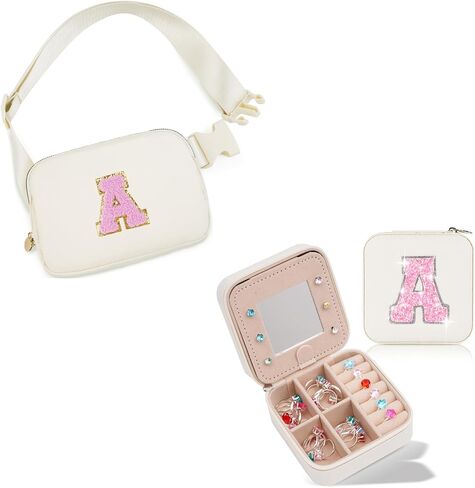 هدايا عيد ميلاد للفتيات بعمر 4 5 6 7 8 9 10 11 12 13 عامًا، حقيبة فاني باك عبر الجسم وحقيبة حزام وحقيبة مجوهرات للسفر منظم صندوق مجوهرات صغير للنساء أشياء لطيفة | كريم، أ in Kuwait