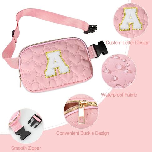 Basumee Fanny Pack for Girls Heart-quilted Letter Belt Bag Crossbody Bags with Smooth Zipper Waist Bag for Women Teen Girl Fanny Packs, Pink, A in Saudi Arabia