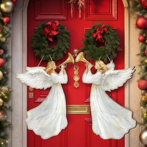 2 Pcs Christmas Angel Hanging Sign Wooden Christmas Welcome Decor Angel Door Sign Christmas Wall Plaque Xmas Angel Decoration for Christmas Fireplace Home Indoor Outdoor Decor 19.7 x 13.8 Inch in Saudi Arabia