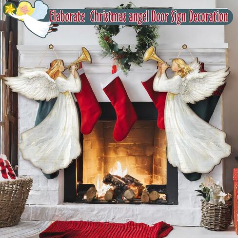 2 Pcs Christmas Angel Hanging Sign Wooden Christmas Welcome Decor Angel Door Sign Christmas Wall Plaque Xmas Angel Decoration for Christmas Fireplace Home Indoor Outdoor Decor 19.7 x 13.8 Inch in Saudi Arabia