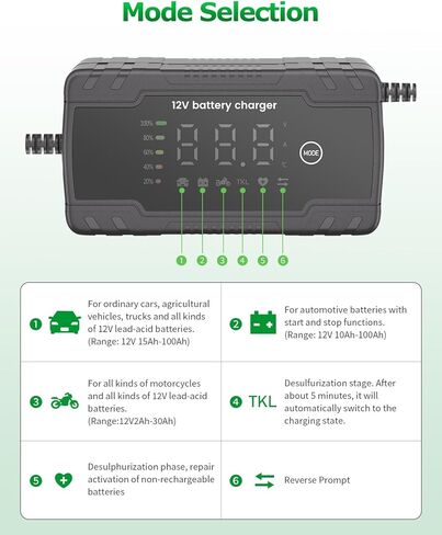 شاحن بطارية 12 فولت 6 أمبير شاحن هزيل ذكي لبطارية السيارة شاحن بطارية سيارة محمول 12 قدم 8 مراحل للحفاظ على بطارية السيارة مع تعويض درجة الحرارة لجزازات العشب ببطارية الرصاص الحمضية in Kuwait