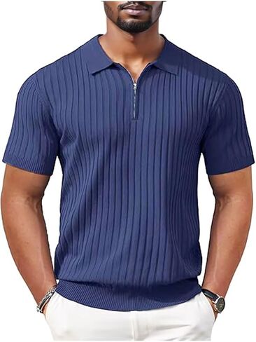 Men's Polo Shirts Short Sleeve T Shirts Ribbed Knit Zipper Polo Shirts Fashion Casual Golf Tee in Saudi Arabia