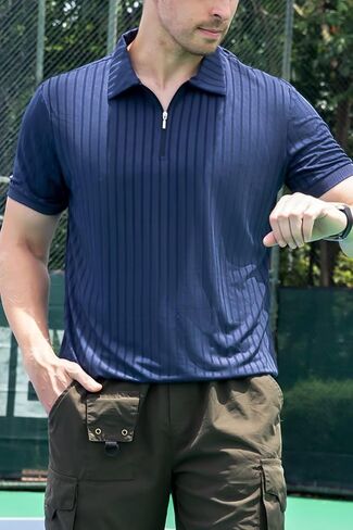 Men's Polo Shirts Short Sleeve T Shirts Ribbed Knit Zipper Polo Shirts Fashion Casual Golf Tee in Saudi Arabia