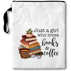 Just A Women Who Loves Books and Coffee Book Club Gifts Bag, Book Sleeves with Zipper, 11x9 Inch Washable Book Covers for Paperbacks, Book Cover Bag Gifts for Women Bibliophile Reader Bookish, A012
