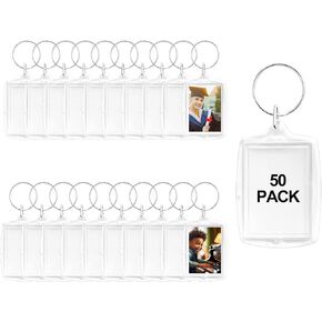 BRT Bearingshui 50pcs Pendant Picture Frame Keyrings, Clear Acrylic Photo Frame Keyring Holder, Make Your Own Personalized Keyring Kit, Rectangle Blank Photo Insert Keychain for DIY Craft