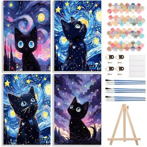 4 Pack Paint by Numbers Kits for Adults Beginners Framed Canvas, Black Cat Adult Paint by Number Kit with Easel, Starry Night Painting by Numbers for Beginners, Arts and Crafts for Home Decor 8x12inch