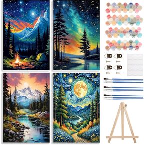 4 Pack Paint by Numbers Kits for Adults Beginners Framed Canvas, Mountain Landscapes Adult Paint by Number Kit with Easel, Painting by Numbers for Beginners, Arts and Crafts for Home Decor 8x12inch