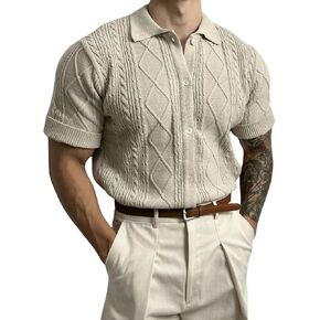 Verdusa Men's Button Front Collar Short Sleeve Cable Knit Sweater Tops