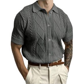 Verdusa Men's Button Front Collar Short Sleeve Cable Knit Sweater Tops