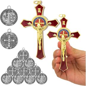 Aswitnove 22 Pcs St Benedict Crucifix Accessory Set, 2 Pcs 4.9 x 2.7 Inch Enamel Crucifix Wall Cross Decor 20 Pcs 0.9 x 0.79 Inch San Benito Medalla Pendant Catholic Protection Prayer Decoration Red