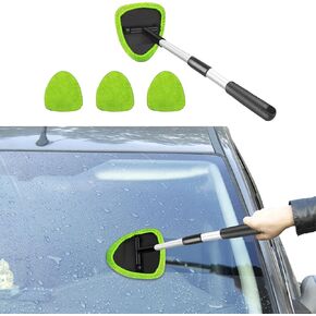 Car Window Cleaner, Windshield Cleaning Tool with Extendable Long Handle and 4 Washable Reusable Microfiber Pads, Auto Interior Exterior Accessories Glass Wiper Kit Universal for Office & Home (Green)