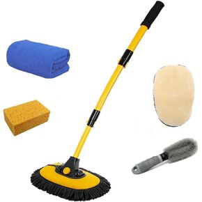 Car Wash Brush Mop, Car Cleaning Products, Curved Bar Long Handle Car Wash Brush, Car Wash Kit, Dusting Car Wash Tool Accessories (1 Rag, 1 Sponge, 1 Wheel Brush, 2 Car Wash Mitts)