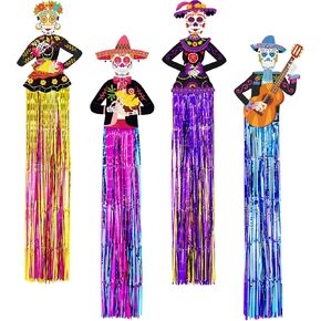 4 Pieces Day of The Dead Hanging Decorations Dia de Los Muertos Decor Banner for Party Decorations Home Indoor Outdoor Supplies, Halloween Sugar Skull Decor