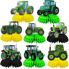 8 Pcs Farm Green Tractor Party Decoration, Farm Tractor Theme Honeycomb Centerpieces 3D Double Sided Table Decorations, Photo Booth Props for Kids Boys Girls Birthday Party Supplies