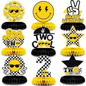 NANAGALI 9 Pcs Two Cool Honeycomb Centerpiece Two Cool Birthday Party Decorations - Happy Face 2nd Table Toppers Centerpieces Birthday Party favors for Boy