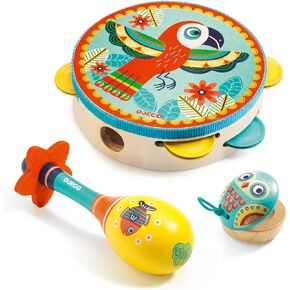 DJECO Animambo Tambourine, Maraca, Castanet Music Instrument Set - Cute Parrot, Fish & Owl Design Toddler Educational Musical Toy for Creativity & Rythym - Toys for 3+ Years Girls & Boys